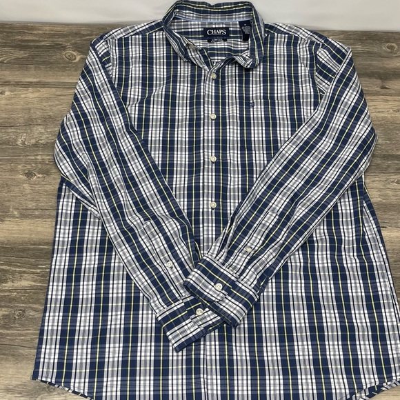 Chaps Men’s Medium Blue White Yellow Plaid Long Sleeve Button Down Stretch Shirt - Picture 4 of 10